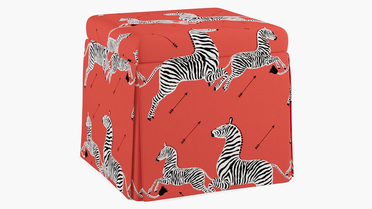 Coral Zebra Upholstered Custom Skirted Storage Ottoman The Inside