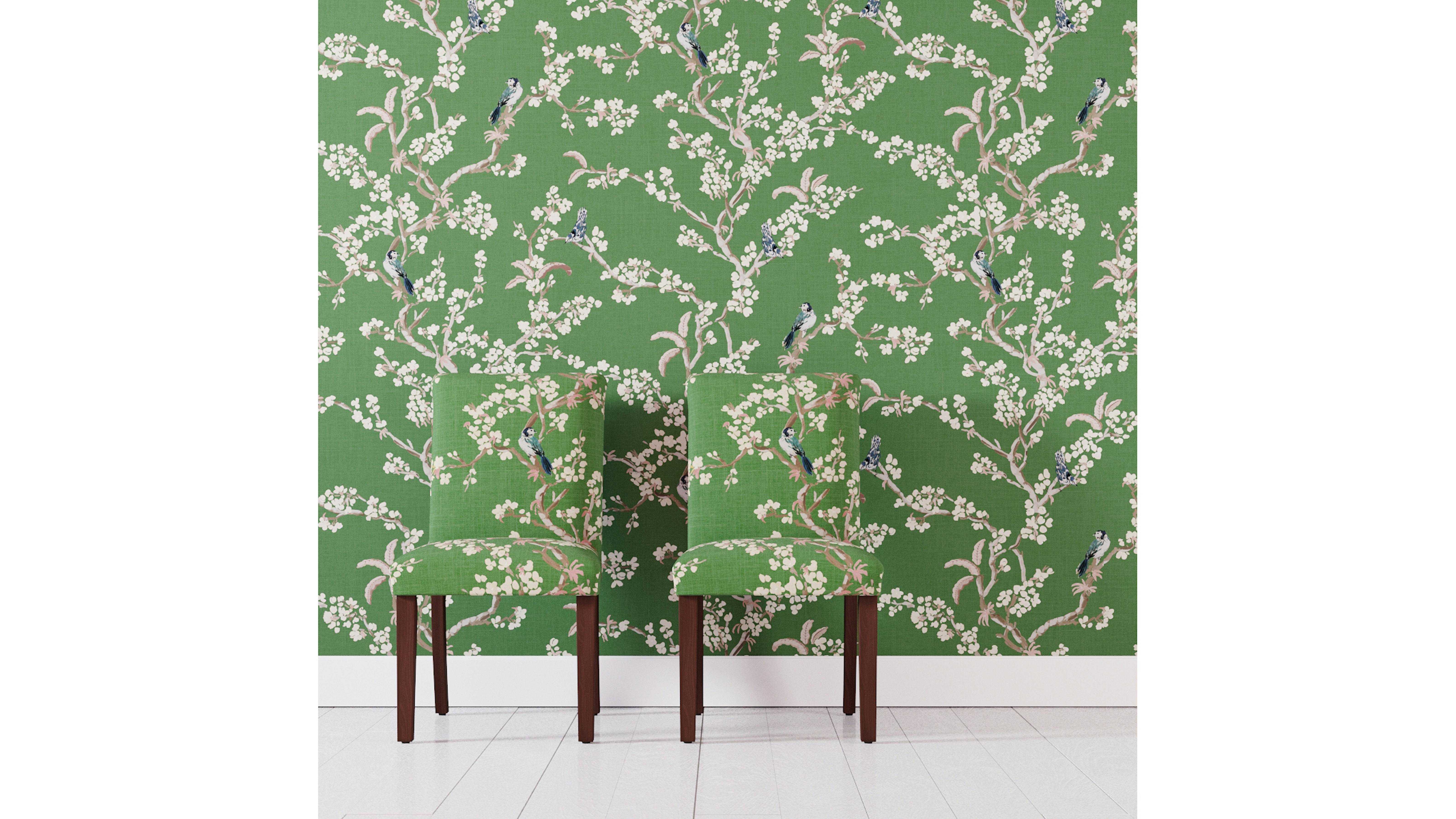 Jade Cherry Blossom Upholstered Custom Peel + Stick Wallpaper Roll