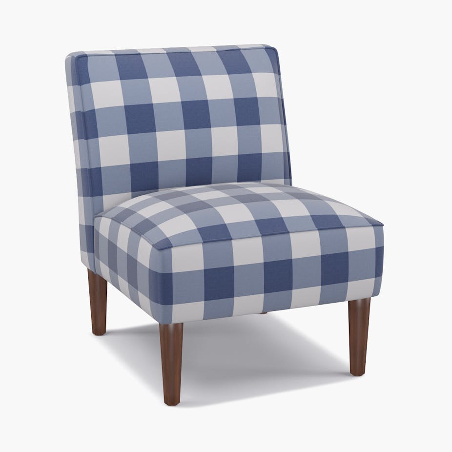 French Blue Check Upholstered Custom MidCentury Accent Chair The